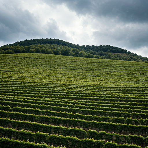Vignoble en coteau sous un ciel dramatique