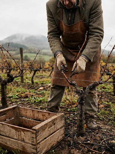 Winemaker working in an Auvergne vineyard, focusing on the gesture of pruning or checking the vines.